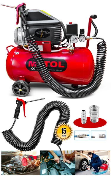 MYTOL 2HP 50 Litre 8Bar Boya ,Lastik Hava Kompresörü 15Mt Spiral Hortum Stoper Kit - 1