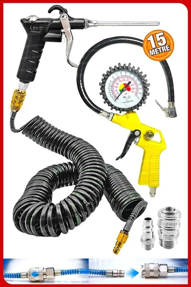 Havalı Kompresör Saatli Lastik Şişirme, 15 mt Spiral Hortumu,Hava Tabancası  Hava Recor Paket Set - 1