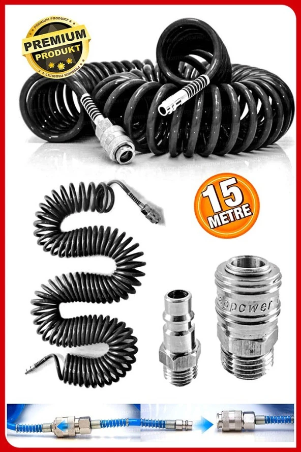 Havalı Yüksek Kalite Kompresör Spiral Hava Hortumu 8 Mm 15 Metre Hava Jakı Kompresör Recor Paket