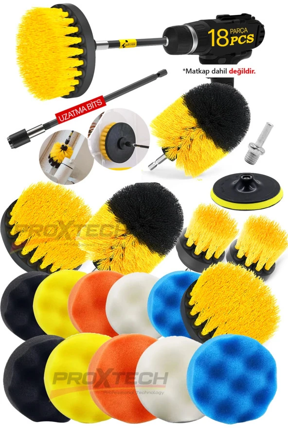 PROXTECH Combo Profesyonel Temizlik 18Parça Pasta Cila Polisaj Süngeri Matkapa Uyumlu Fırça Seti Parlatma Kit ürün görseli