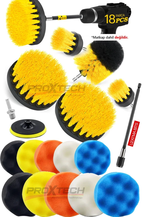 PROXTECH Combo Profesyonel Temizlik 18Parça Pasta Cila Polisaj Süngeri Matkapa Uyumlu Fırça Seti Parlatma Kit - Resim 5