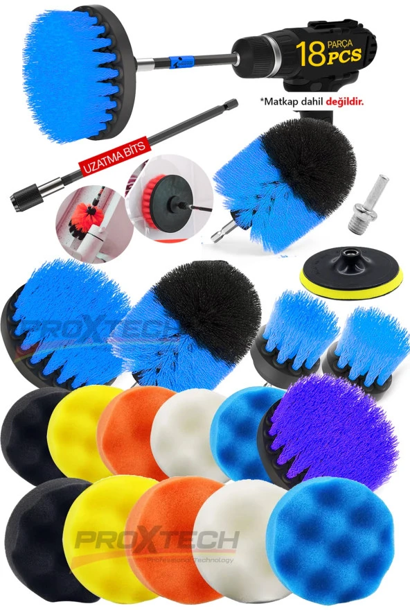 PROXTECH Combo Profesyonel Temizlik 18Parça Pasta Cila Polisaj Süngeri Matkapa Uyumlu Fırça Seti Parlatma Kit - Resim 6