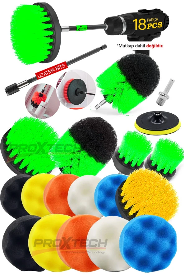 PROXTECH Combo Profesyonel Temizlik 18Parça Pasta Cila Polisaj Süngeri Matkapa Uyumlu Fırça Seti Parlatma Kit - Resim 7
