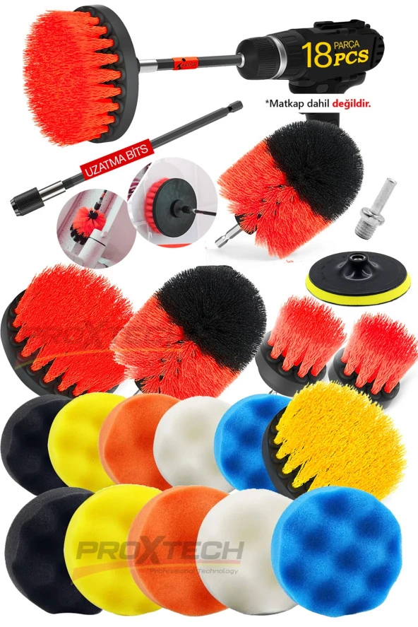 PROXTECH Combo Profesyonel Temizlik 18Parça Pasta Cila Polisaj Süngeri Matkapa Uyumlu Fırça Seti Parlatma Kit - Resim 9