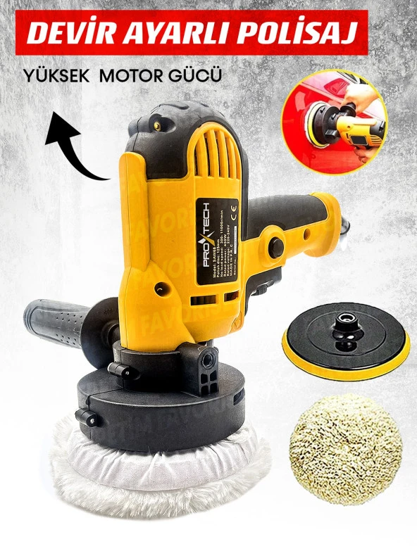 PROXTECH Araç, KoltukYıkama 6Kademe Devir Ayarlı Zımpara Parlatma Pasta Cila Polisaj Makinası + Fırça Hediye - Resim 5