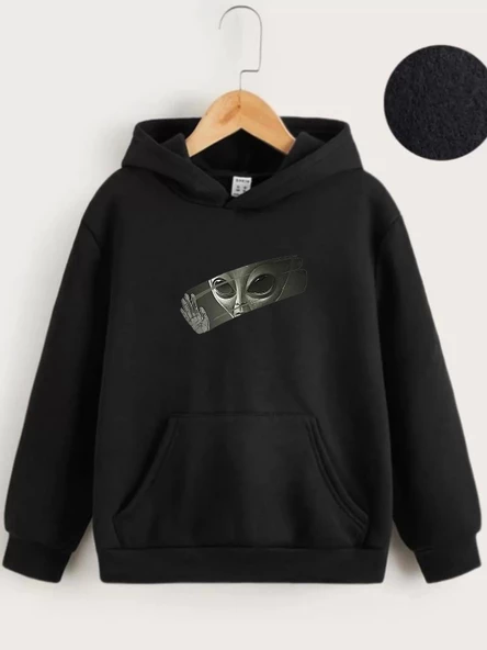 Çocuk Unisex Kapüşonlu Uzaylı Baskılı Sweatshirt - Siyah