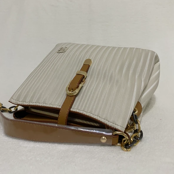 Fatozel Çanta Krem Çizgili İnce Kemerli FÇ-00002 - Resim 6