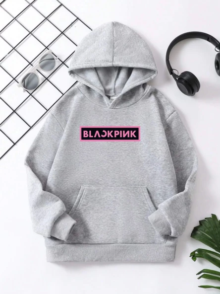 Çocuk Unisex Kapüşonlu Blackpink Baskılı Pamuklu Sweatshirt - Gri