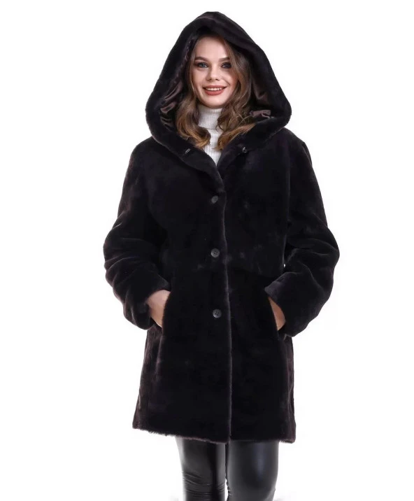 Kadın Reks Kapüşonlu - Kahverengi - Resim 6