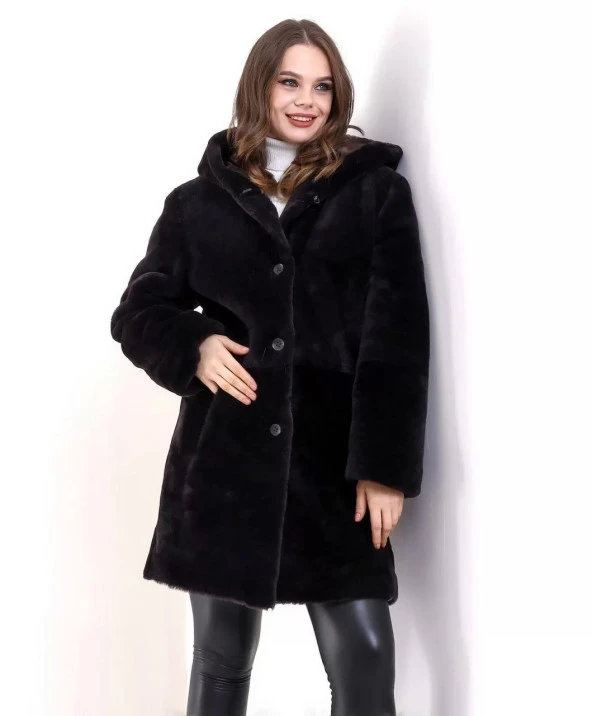 Kadın Reks Kapüşonlu - Kahverengi - Resim 7