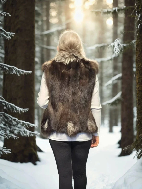 Kadın Kolsuz Fermuarlı Yelek - Kahve - Resim 2