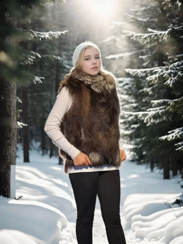 Kadın Kolsuz Fermuarlı Yelek - Kahve - Resim 5