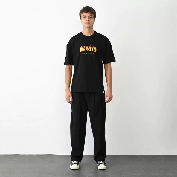 Unisex Bisiklet Yaka Baskılı Oversize T-Shirt - Siyah