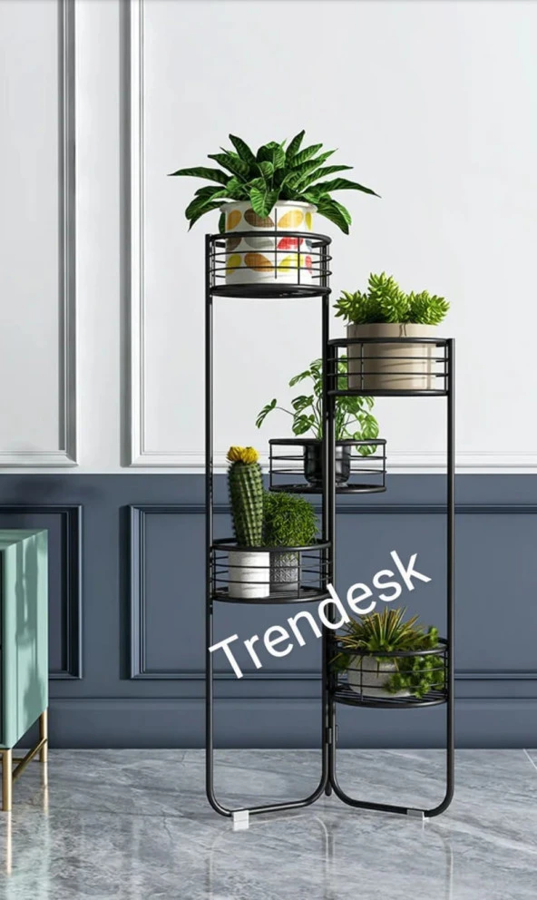 Trendesk   Modern 5  Katlı Metal Siyah Çiçeklik Saksı Standı Saksılık