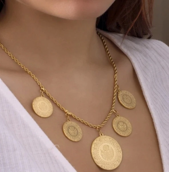 Altın Kaplama Beşi BİR Yerde Kolye (Halat Zincirli) DAYB0016 - Resim 2