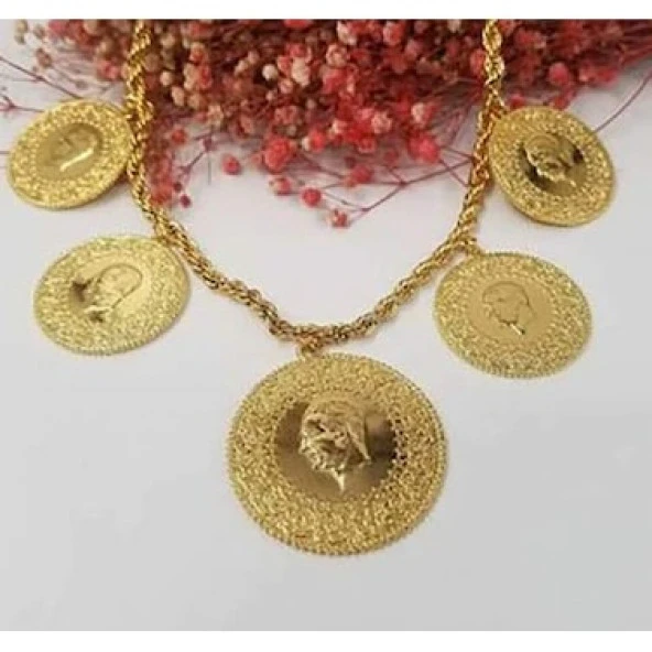 Altın Kaplama Beşi BİR Yerde Kolye (Halat Zincirli) DAYB0073 - Resim 2