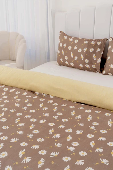 Rivaİstanbul Kahverengi Papatya Çift Kişilik Nevresim Takımı Pamuklu - Resim 5