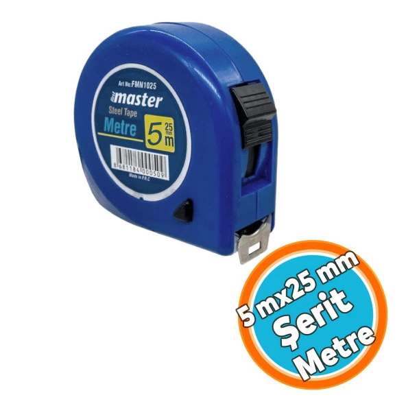 Şerit Metal Bükülebilir Metre 5 m x 25 mm Soft Mavi Renk Düğmeli Ölçüm Ölçme Plastik Kasalı