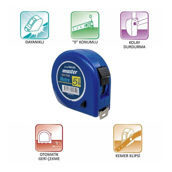 Şerit Metal Bükülebilir Metre 5 m x 25 mm Soft Mavi Renk Düğmeli Ölçüm Ölçme Plastik Kasalı - 5