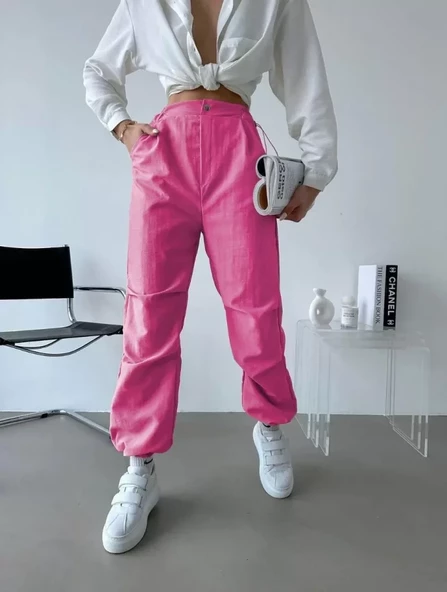 Babua Paraşüt Kumaş Beli Lastikli Pantalon-Pembe