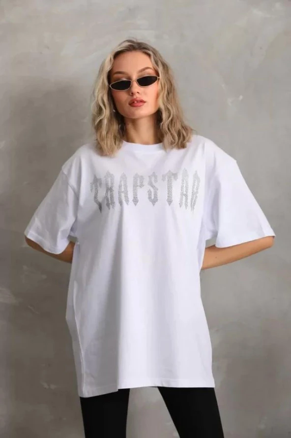 Babua Unisex Taş Desenli Oversize T-Shirt - Beyaz