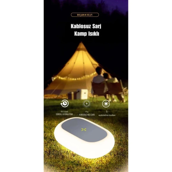 Coofbe 1200Mah Şarjlı Taşınabilir 2in1 Masaüstü 15W Kablosuz Şarj Cihazı ve Gece Lambası Kamp Işığı - 6