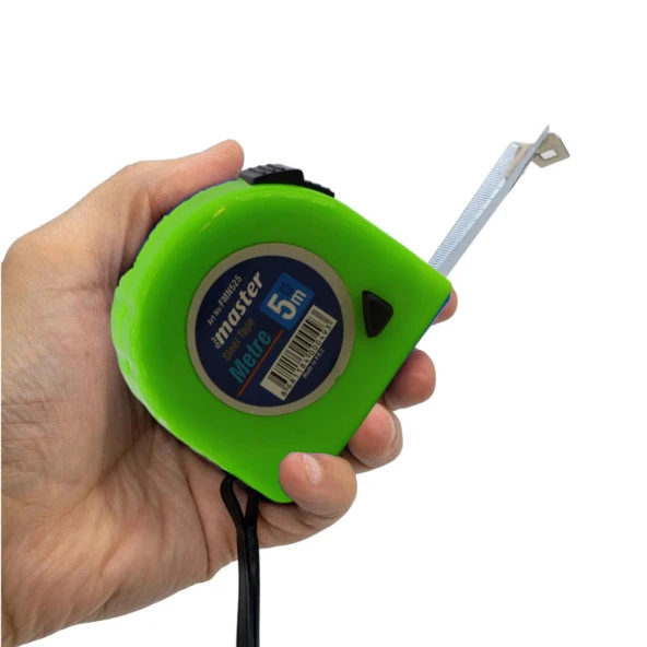 Şerit Metre 5 m x 25 mm Yeşil Renk Düğmeli Ölçüm Ölçme Plastik Kasalı Klipsli - 2