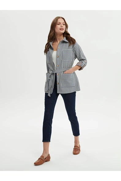 Faik Sönmez Oversize Çizgili Midi Gömlek Yaka Kadın Ceket - Günlük Tarz - 2