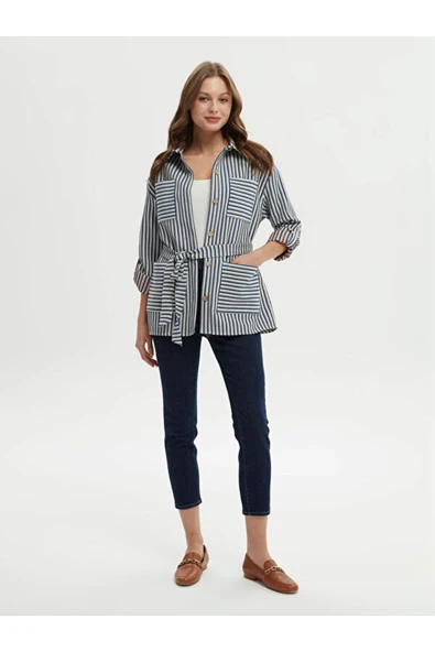 Faik Sönmez Oversize Çizgili Midi Gömlek Yaka Kadın Ceket - Günlük Tarz - 3