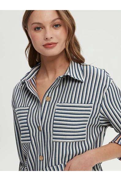 Faik Sönmez Oversize Çizgili Midi Gömlek Yaka Kadın Ceket - Günlük Tarz