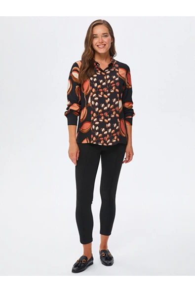 Faik Sönmez Minimalist Desenli Uzun Kol Gömlek Yaka Kadın Gömlek