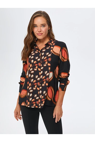 Faik Sönmez Minimalist Desenli Uzun Kol Gömlek Yaka Kadın Gömlek - 2