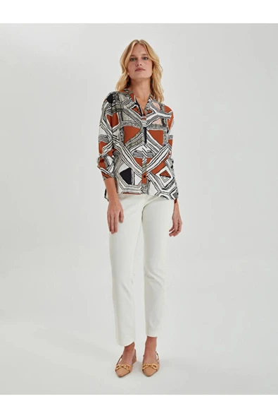 Faik Sönmez Geometrik Desenli Uzun Kol Kadın Gömlek - Minimalist Tarz - 4