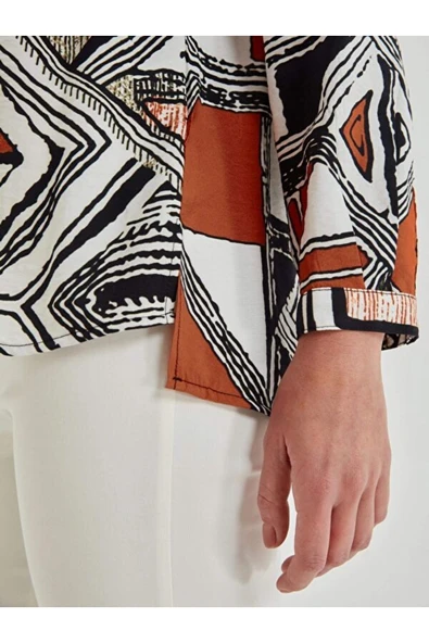 Faik Sönmez Geometrik Desenli Uzun Kol Kadın Gömlek - Minimalist Tarz - 6