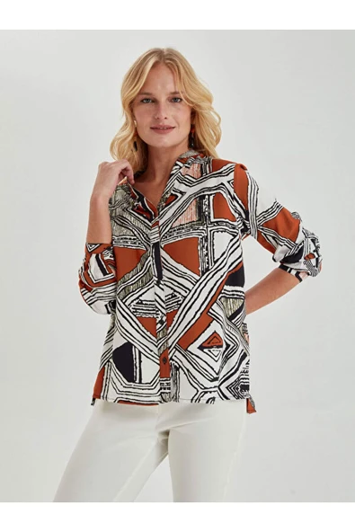 Faik Sönmez Geometrik Desenli Uzun Kol Kadın Gömlek - Minimalist Tarz - 2