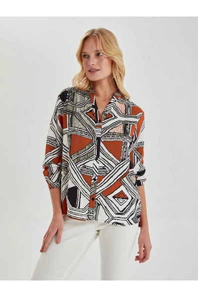 Faik Sönmez Geometrik Desenli Uzun Kol Kadın Gömlek - Minimalist Tarz