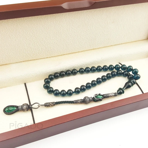 Özel Kutulu 1000 Ayar Gümüş Püsküllü Yeşil Sıkma Kehribar Tesbih Tespih ürün görseli 1