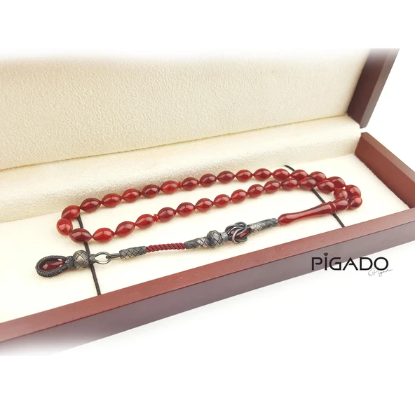 Kişiye Özel 1000 Ayar Gümüş Bordo Sıkma Kehribar Tesbih Tespih ürün görseli 1