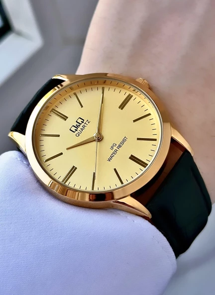 Q&Q Vintage Erkek Deri Kordon Kol Saati  Sarı Siyah