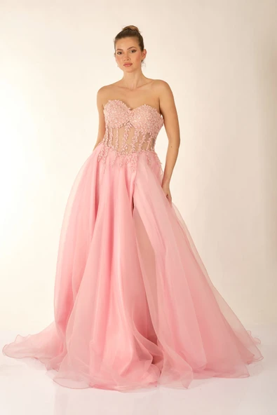 Favore Straplez Maxi Abiye Elbise - Şifon, Nakış Detaylı, Özel Günler - 5