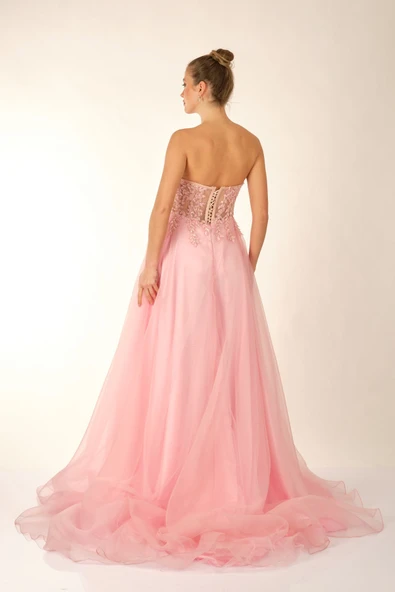 Favore Straplez Maxi Abiye Elbise - Şifon, Nakış Detaylı, Özel Günler - 7