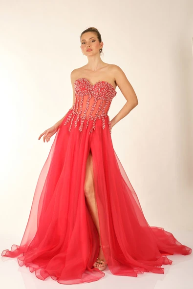 Favore Straplez Maxi Abiye Elbise - Şifon, Nakış Detaylı, Özel Günler - 11