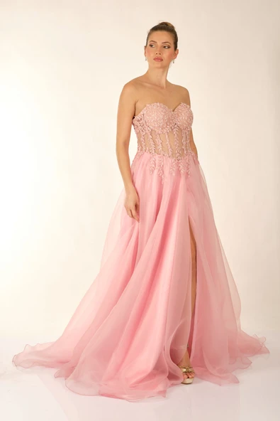 Favore Straplez Maxi Abiye Elbise - Şifon, Nakış Detaylı, Özel Günler - 6