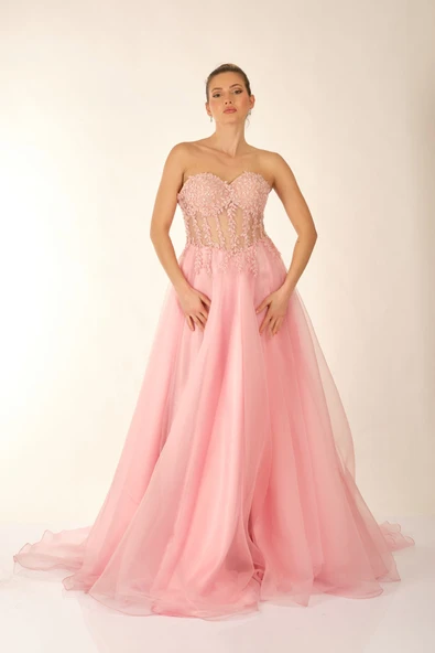 Favore Straplez Maxi Abiye Elbise - Şifon, Nakış Detaylı, Özel Günler - 3