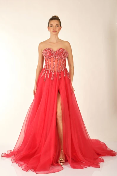 Favore Straplez Maxi Abiye Elbise - Şifon, Nakış Detaylı, Özel Günler - 10