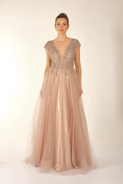 Favore Kadın Taşlı Tül Detaylı Abiye Elbise 2422033 - Resim 5