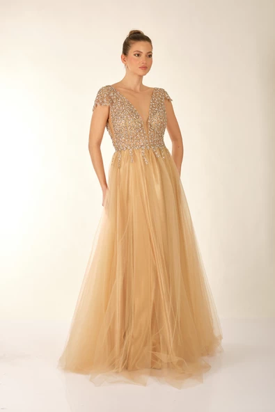 Favore Kadın Taşlı Tül Detaylı Abiye Elbise 2422033 - Resim 9