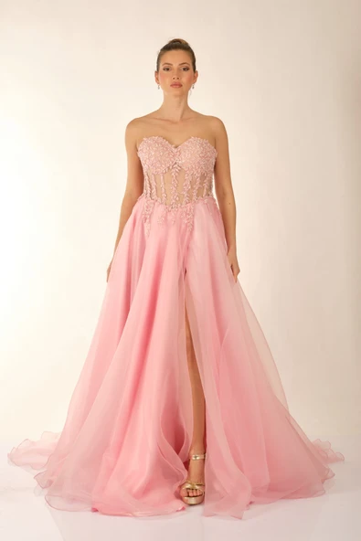 Favore Straplez Maxi Abiye Elbise - Şifon, Nakış Detaylı, Özel Günler