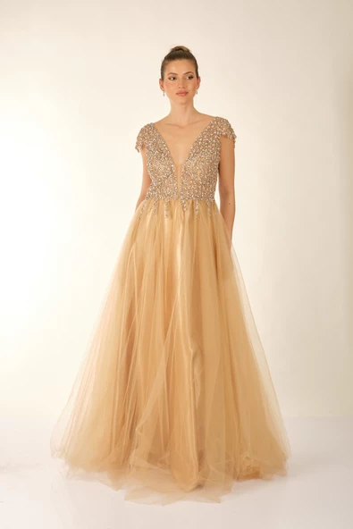 Favore Kadın Taşlı Tül Detaylı Abiye Elbise 2422033 - Resim 7