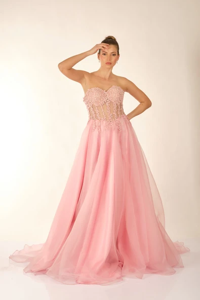 Favore Straplez Maxi Abiye Elbise - Şifon, Nakış Detaylı, Özel Günler - 4